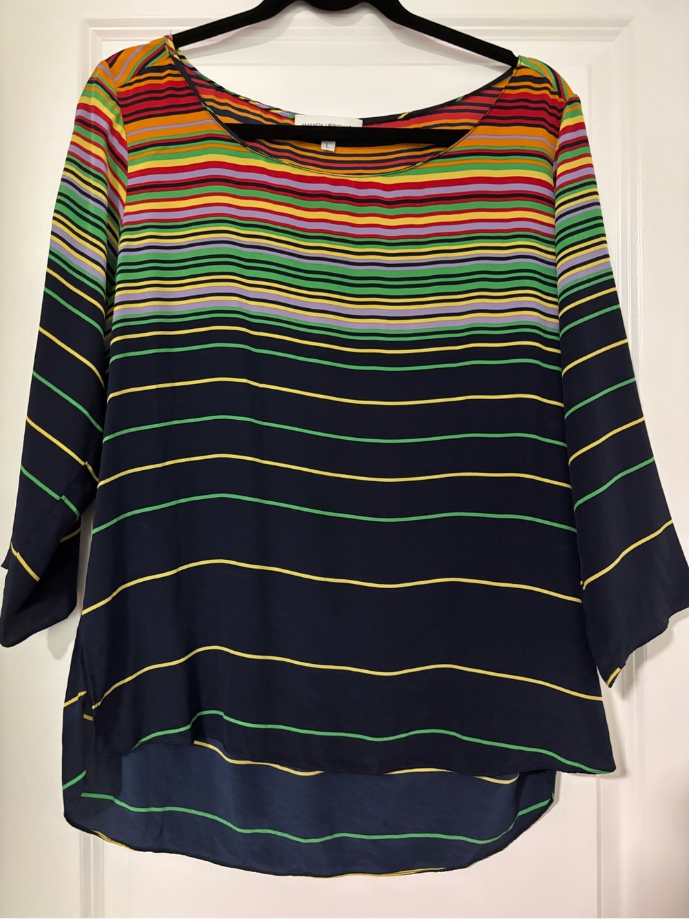 Amanda Uprichard Navy Multicolor Striped Scoop Neck Blouse